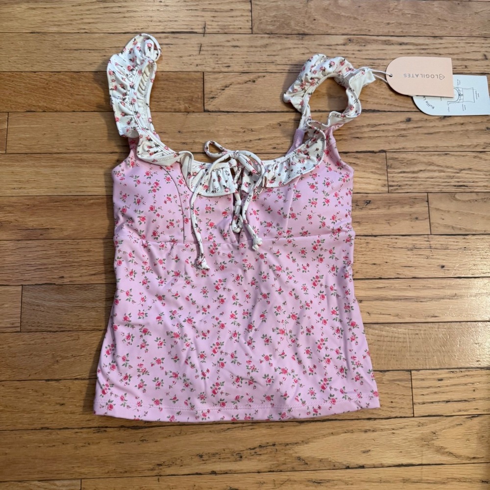 Blogilates Ruffle Lace Up Tank Pink Floral Print XS NWT Activewear Top